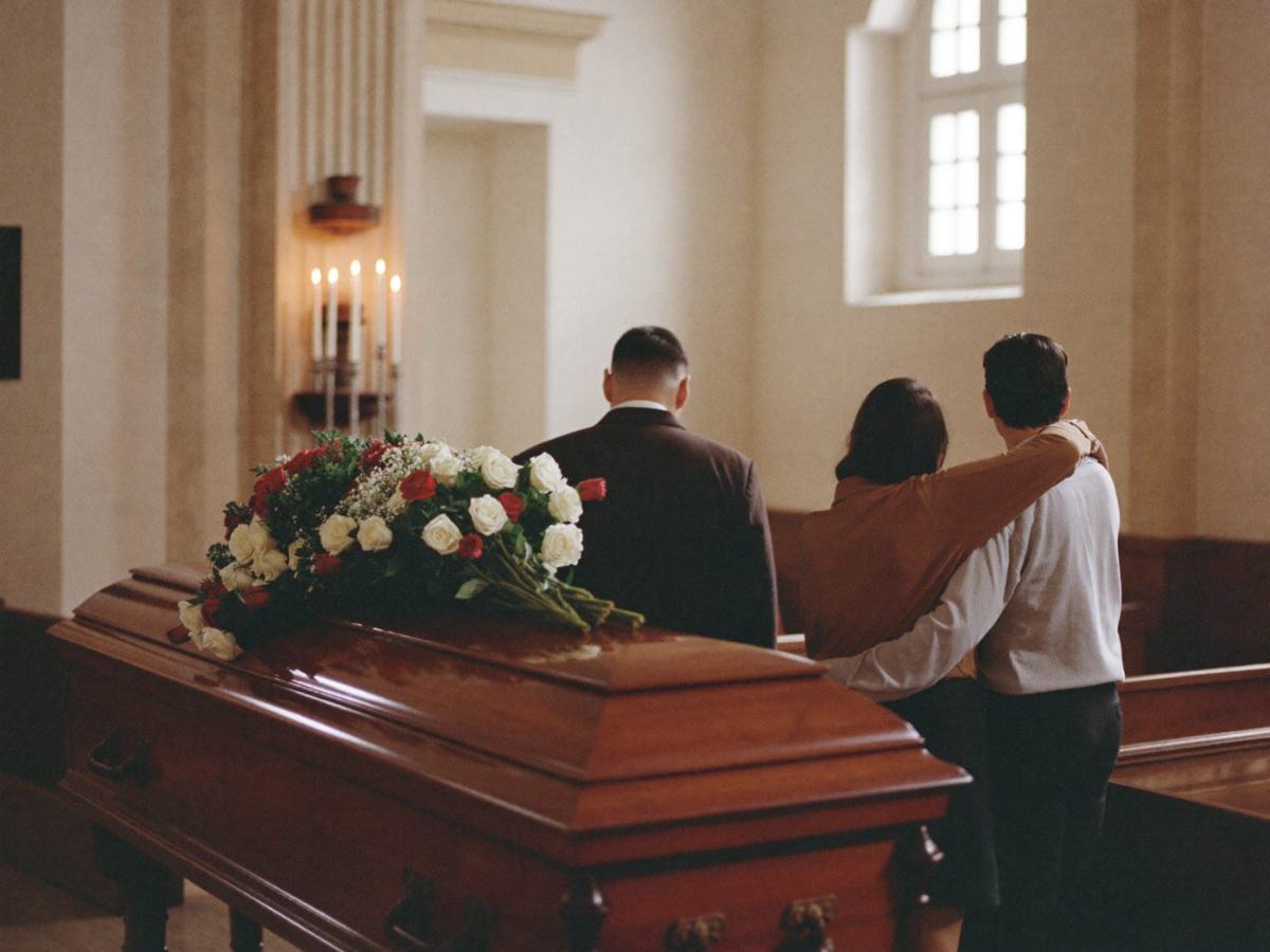 Family standing together beside a closed casket in a softly lit church
